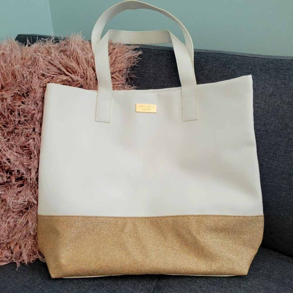 Large white with bronze glitter Jimmy Choo Parfums tote bag